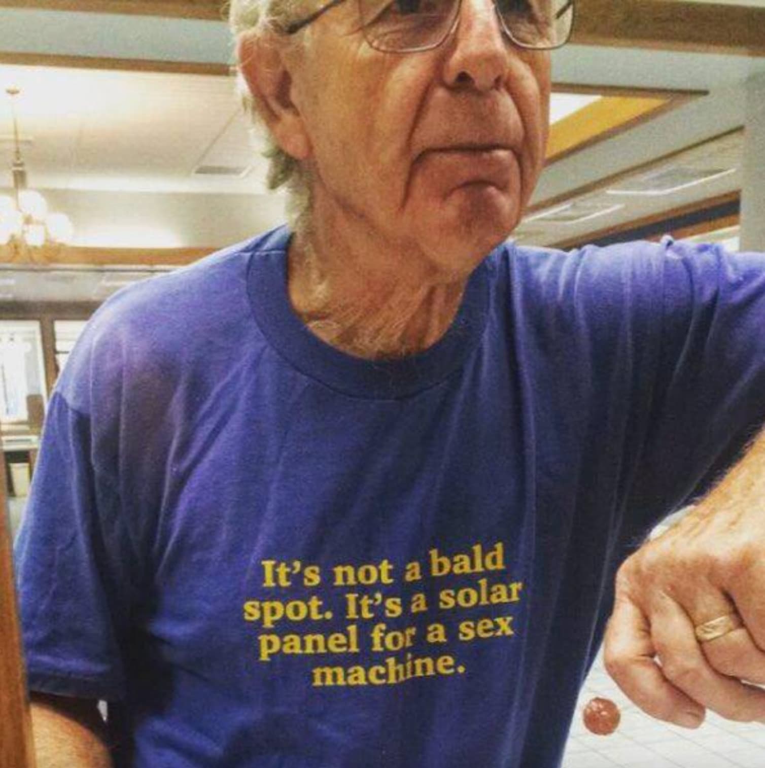 senior citizen - It's not a bald spot. It's a solar panel for a sex machine.